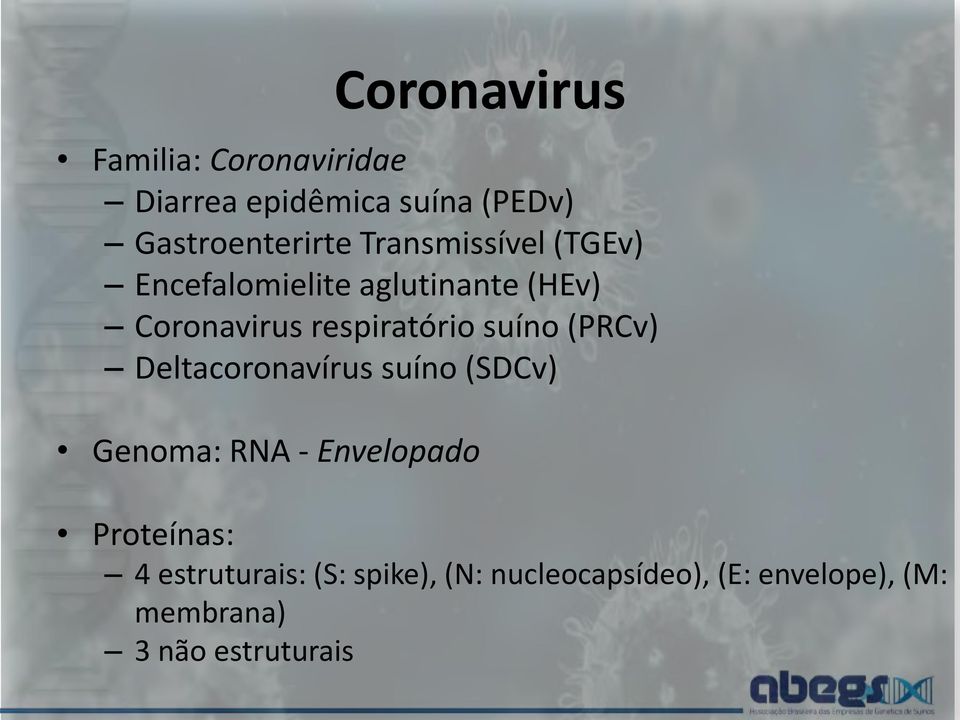 suíno (PRCv) Deltacoronavírus suíno (SDCv) Genoma: RNA - Envelopado Proteínas: 4