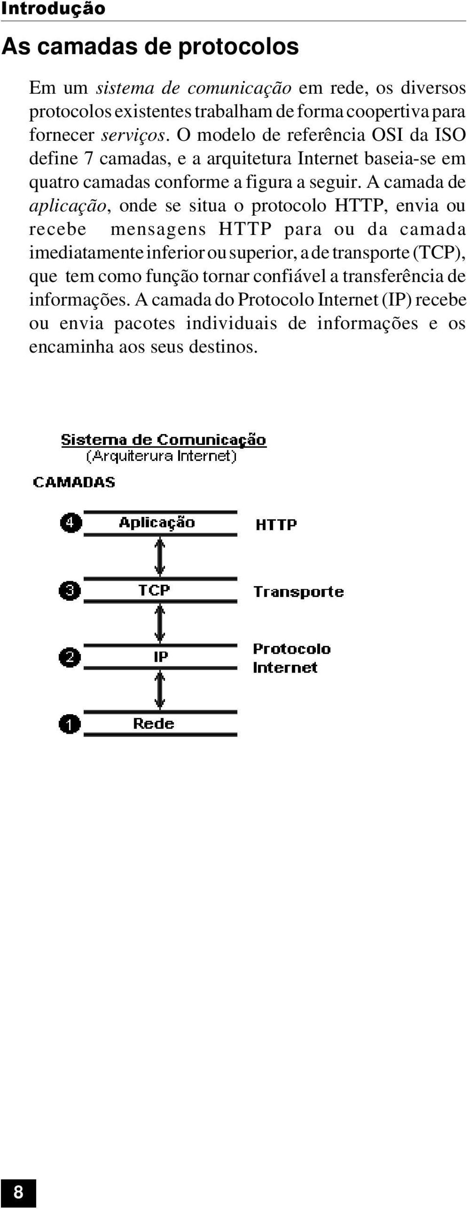A camada de aplicação, onde se situa o protocolo HTTP, envia ou recebe mensagens HTTP para ou da camada imediatamente inferior ou superior, a de transporte (TCP),