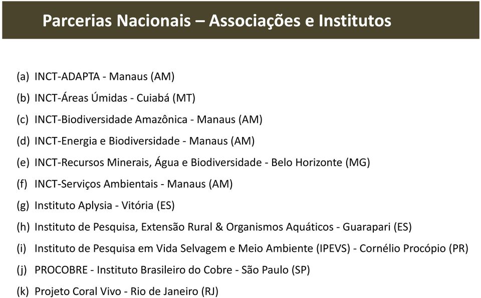 (AM) (g) Instituto Aplysia - Vitória (ES) (h) Instituto de Pesquisa, Extensão Rural & Organismos Aquáticos - Guarapari (ES) (i) Instituto de Pesquisa em Vida