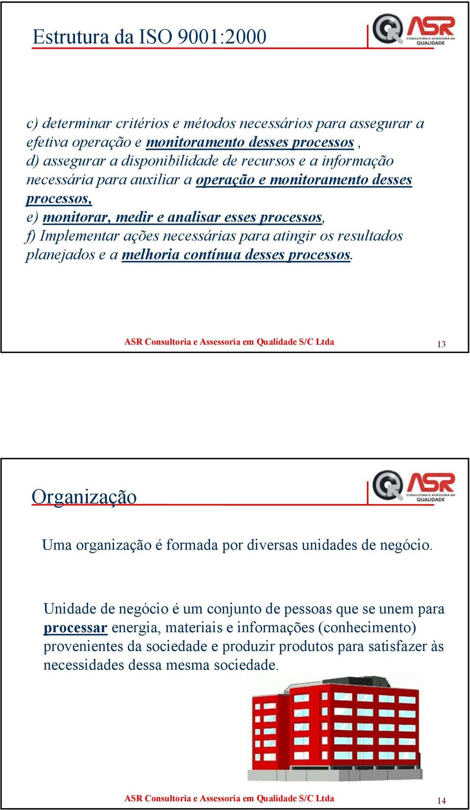 melhoria contínua desses processos. ASR Consultoria e Assessoria em Qualidade S/C Ltda 13 Organização Uma organização é formada por diversas unidades de negócio.