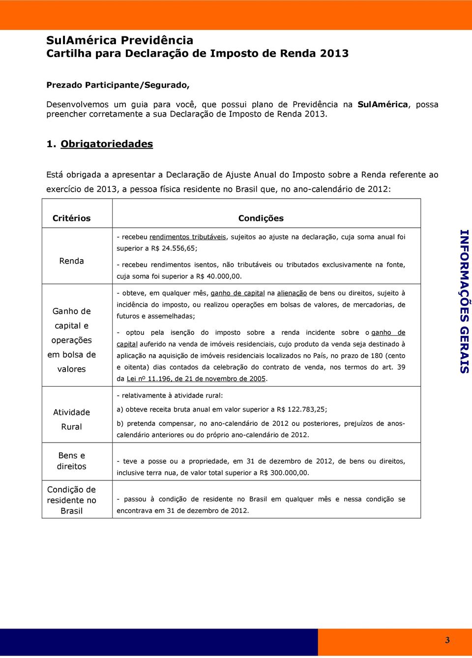 Obrigatoriedades Está obrigada a apresentar a Declaração de Ajuste Anual do Imposto sobre a Renda referente ao exercício de 2013, a pessoa física residente no Brasil que, no ano-calendário de 2012: