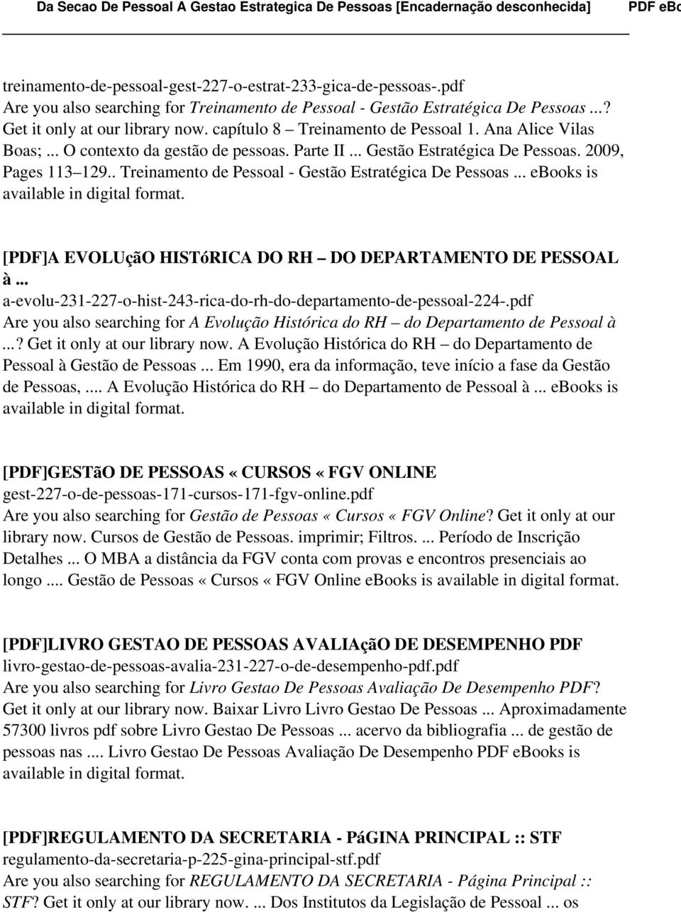 . Treinamento de Pessoal - Gestão Estratégica De Pessoas... ebooks is available in digital [PDF]A EVOLUçãO HISTóRICA DO RH DO DEPARTAMENTO DE PESSOAL à.