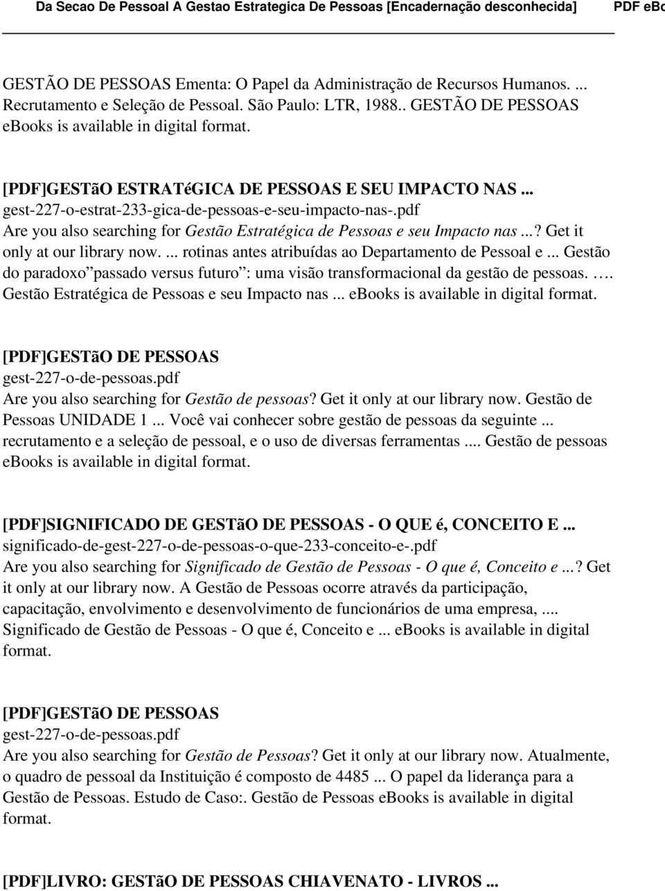 pdf Are you also searching for Gestão Estratégica de Pessoas e seu Impacto nas...? Get it only at our library now.... rotinas antes atribuídas ao Departamento de Pessoal e.