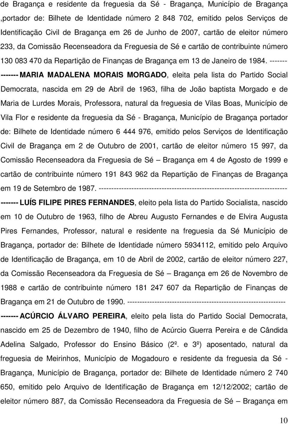 ------- ------- MARIA MADALENA MORAIS MORGADO, eleita pela lista do Partido Social Democrata, nascida em 29 de Abril de 1963, filha de João baptista Morgado e de Maria de Lurdes Morais, Professora,
