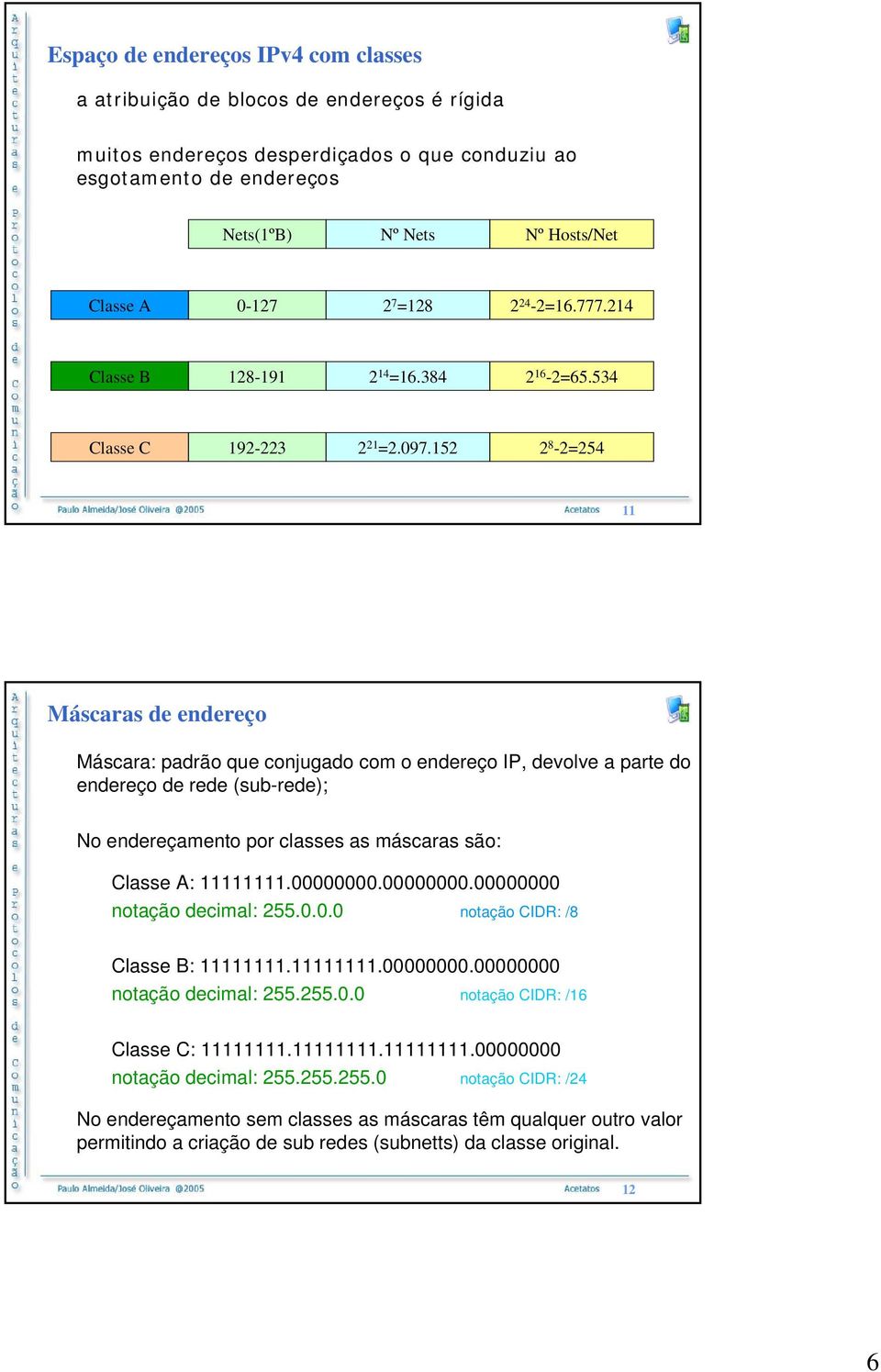 152 2 8-2=254 11 Máscaras de endereço Máscara: padrão que conjugado com o endereço IP, devolve a parte do endereço de rede (sub-rede); No endereçamento por classes as máscaras são: Classe A: 11111111.