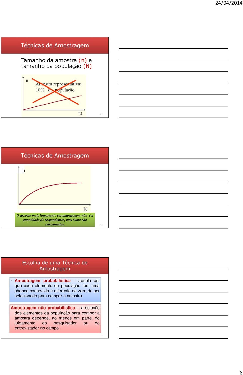 23 Escolha de uma Técnica de Amostragem Amostragem probabilística aquela em que cada elemento da população tem uma chance conhecida e diferente