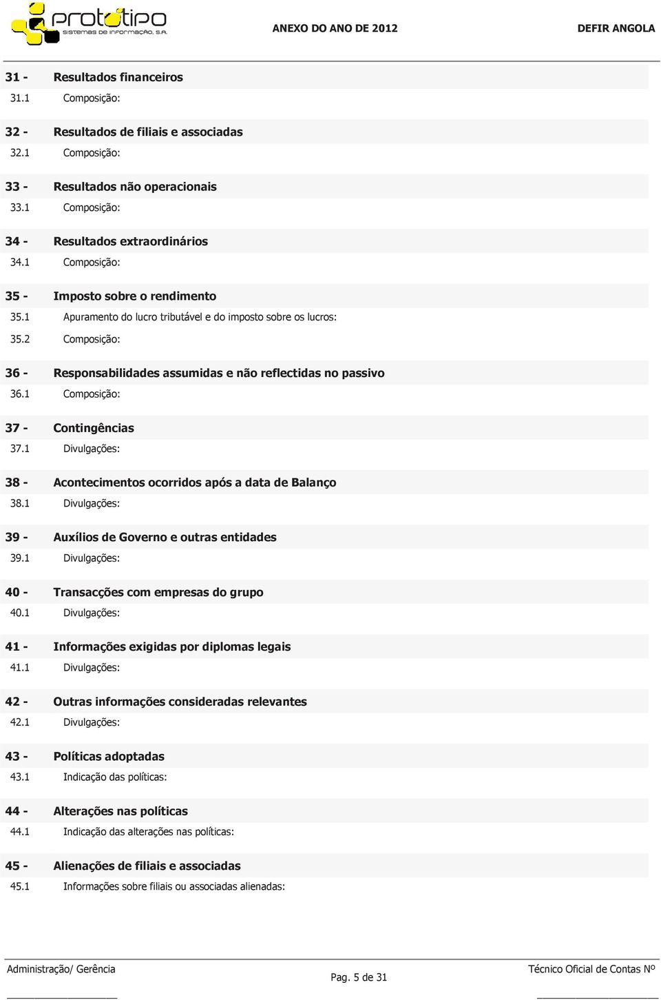 1 Composição: 37 - Contingências 37.1 Divulgações: 38 - Acontecimentos ocorridos após a data de Balanço 38.1 Divulgações: 39 - Auxílios de Governo e outras entidades 39.