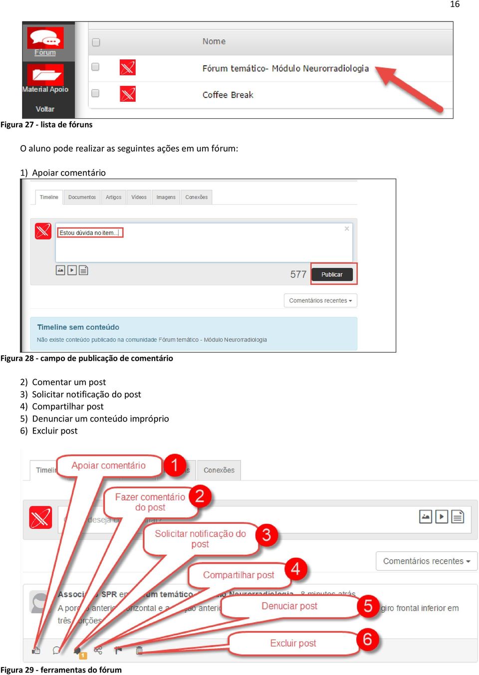 Comentar um post 3) Solicitar notificação do post 4) Compartilhar post 5)