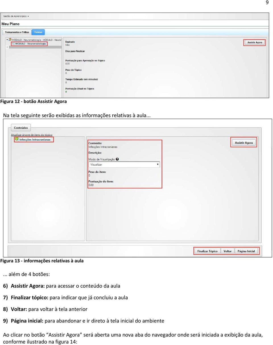 .. além de 4 botões: 6) Assistir Agora: para acessar o conteúdo da aula 7) Finalizar tópico: para indicar que já concluiu a aula 8)