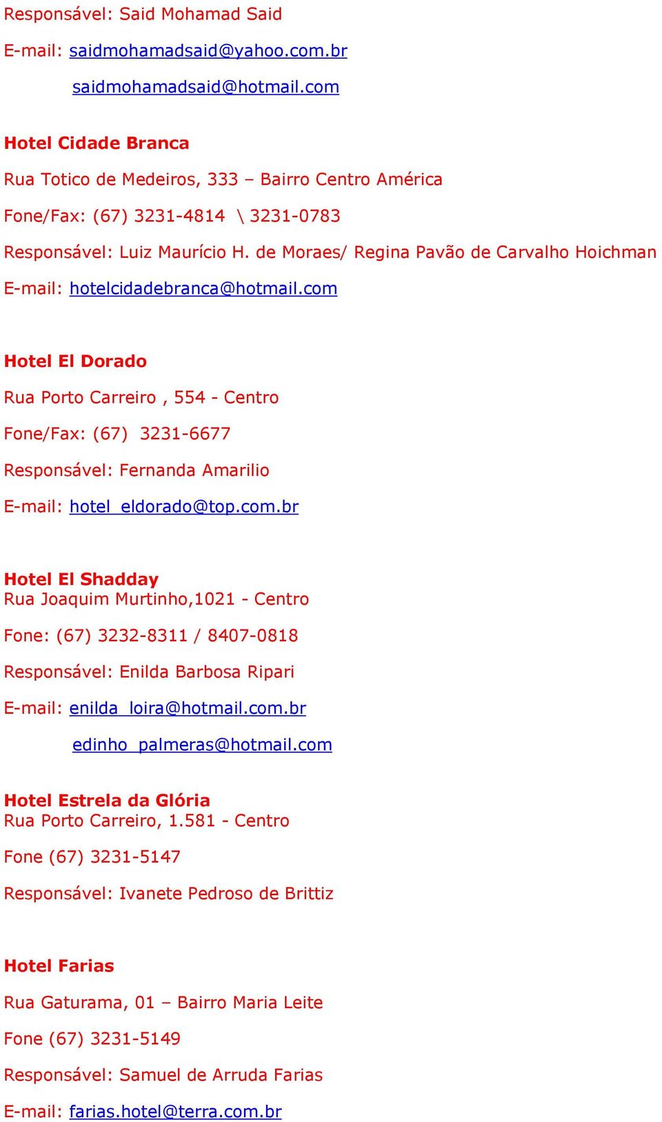 de Moraes/ Regina Pavão de Carvalho Hoichman E-mail: hotelcidadebranca@hotmail.