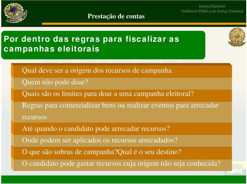 Regras para comercializar bens ou realizar eventos para arrecadar recursos Até quando o candidato pode arrecadar recursos?