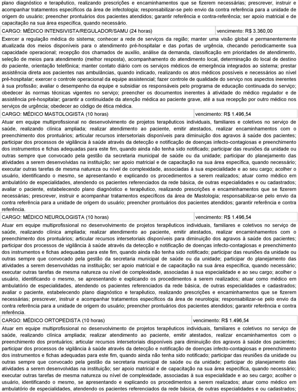 de capacitação na sua área específica, quando necessário. CARGO: MÉDICO INTENSIVISTA/REGULADOR/SAMU (24 horas) vencimento: R$ 3.