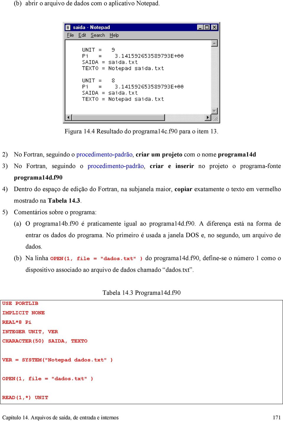 f90 4) Dentro do espaço de edição do Fortran, na subjanela maior, copiar exatamente o texto em vermelho mostrado na Tabela 14.3. 5) Comentários sobre o programa: (a) O programa14b.