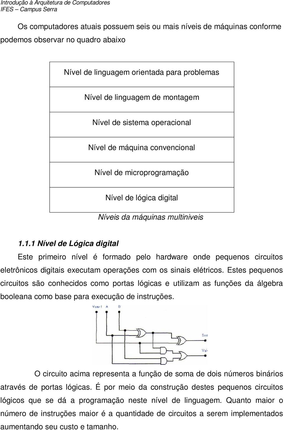 1.1 Nível de Lógica digital Este primeiro nível é formado pelo hardware onde pequenos circuitos eletrônicos digitais executam operações com os sinais elétricos.