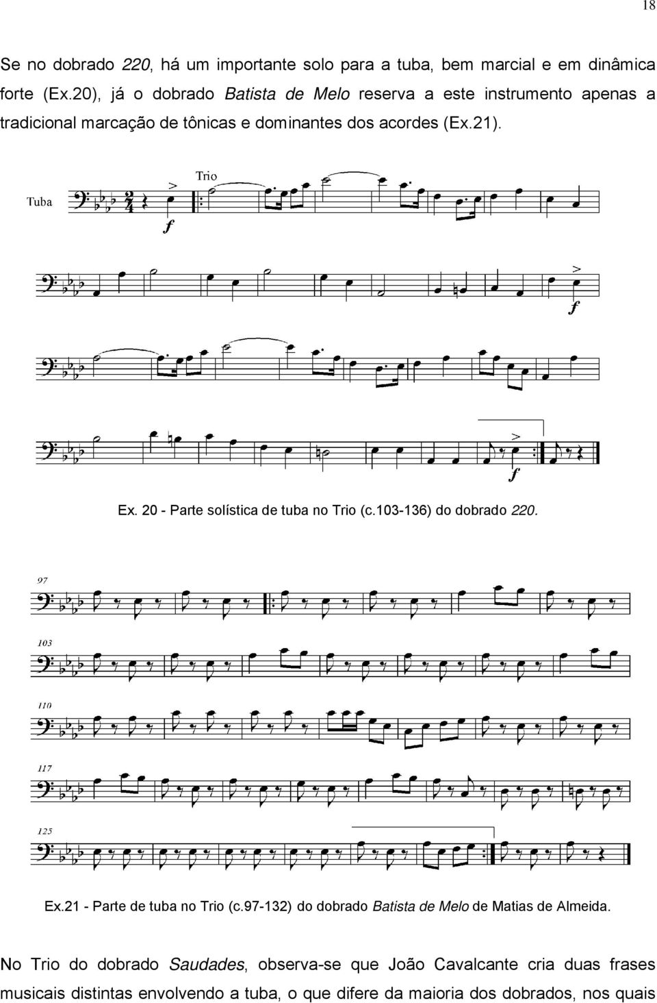 Ex. 20 - Parte solística de tuba no Trio (c.103-136) do dobrado 220. Ex.21 - Parte de tuba no Trio (c.