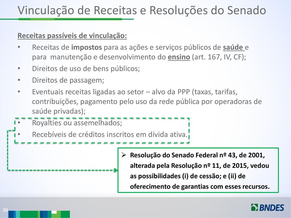 167, IV, CF); Direitos de uso de bens públicos; Direitos de passagem; Eventuais receitas ligadas ao setor alvo da PPP (taxas, tarifas, contribuições, pagamento pelo uso