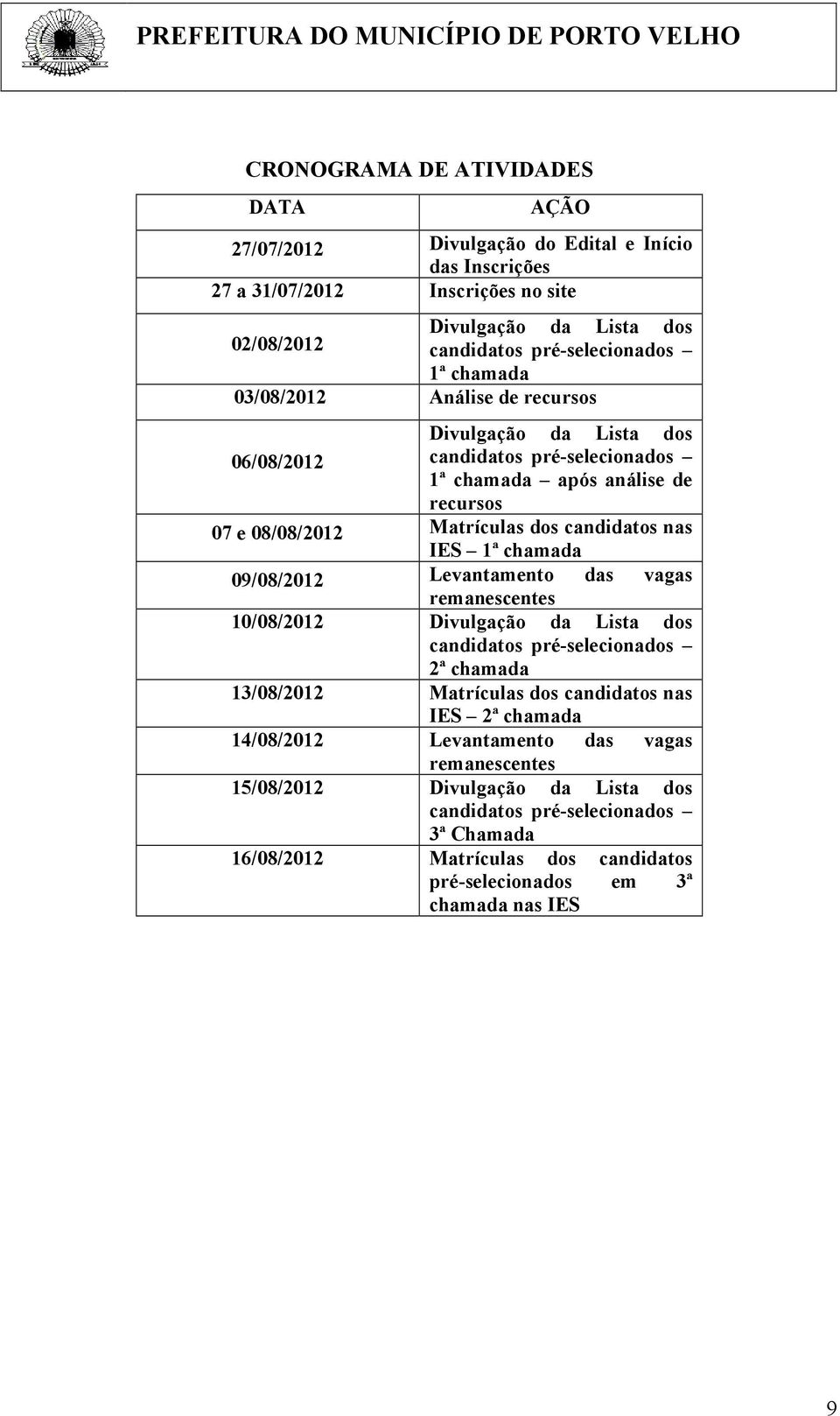 chamada 09/08/2012 Levantamento das vagas remanescentes 10/08/2012 Divulgação da Lista dos candidatos pré-selecionados 2ª chamada 13/08/2012 Matrículas dos candidatos nas IES 2ª chamada