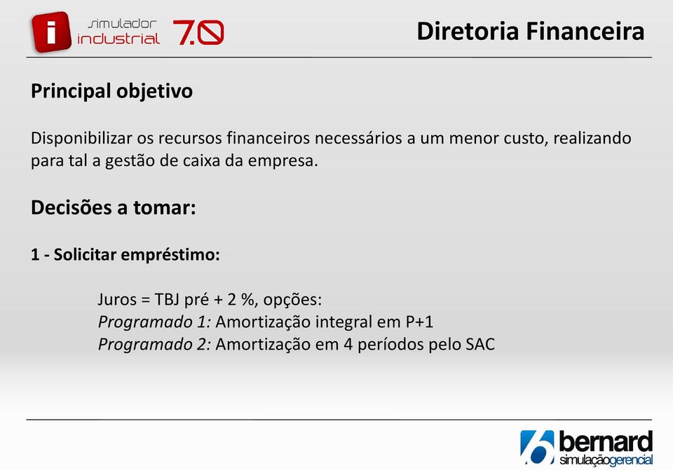 Decisões a tomar: 1 - Solicitar empréstimo: Juros = TBJ pré + 2 %, opções: