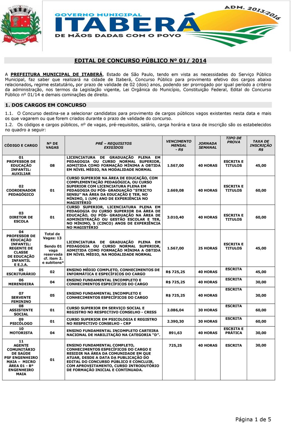 administração, nos termos da Legislação vigente, Lei Orgânica do Município, Constituição Federal, Edital do Concurso Público nº /14