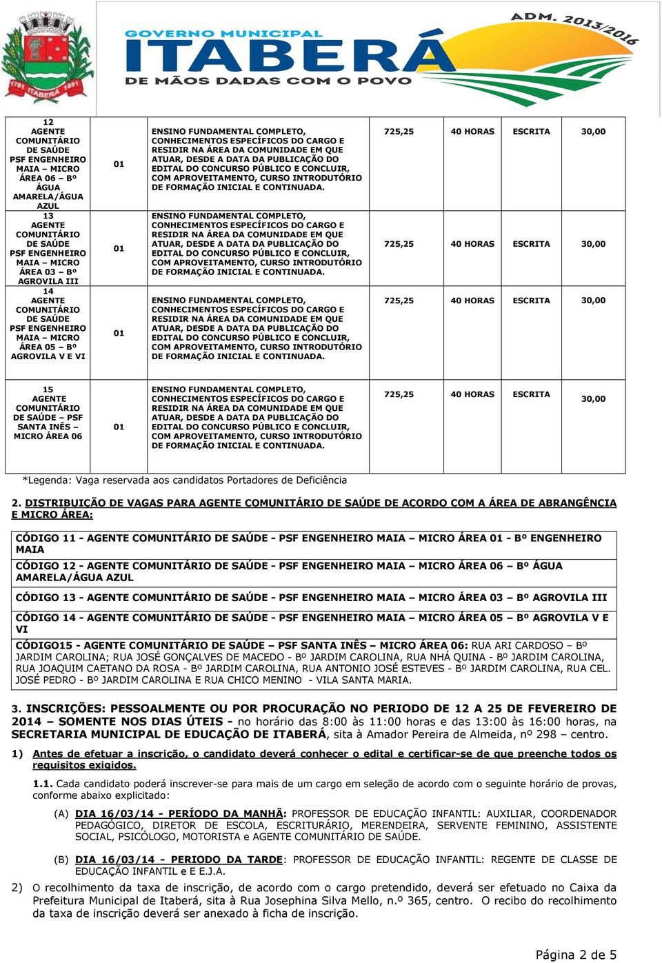 DISTRIBUIÇÃO DE VAGAS PARA DE ACORDO COM A ÁREA DE ABRANGÊNCIA E MICRO ÁREA: CÓDIGO 11 - - ÁREA - Bº ENGENHEIRO MAIA CÓDIGO 12 - - ÁREA 06 Bº ÁGUA AMARELA/ÁGUA AZUL CÓDIGO 13 - - ÁREA 03 Bº AGROVILA