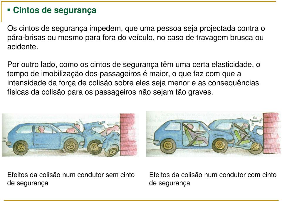 Por outro lado, como os cintos de segurança têm uma certa elasticidade, o tempo de imobilização dos passageiros é maior, o que faz com que