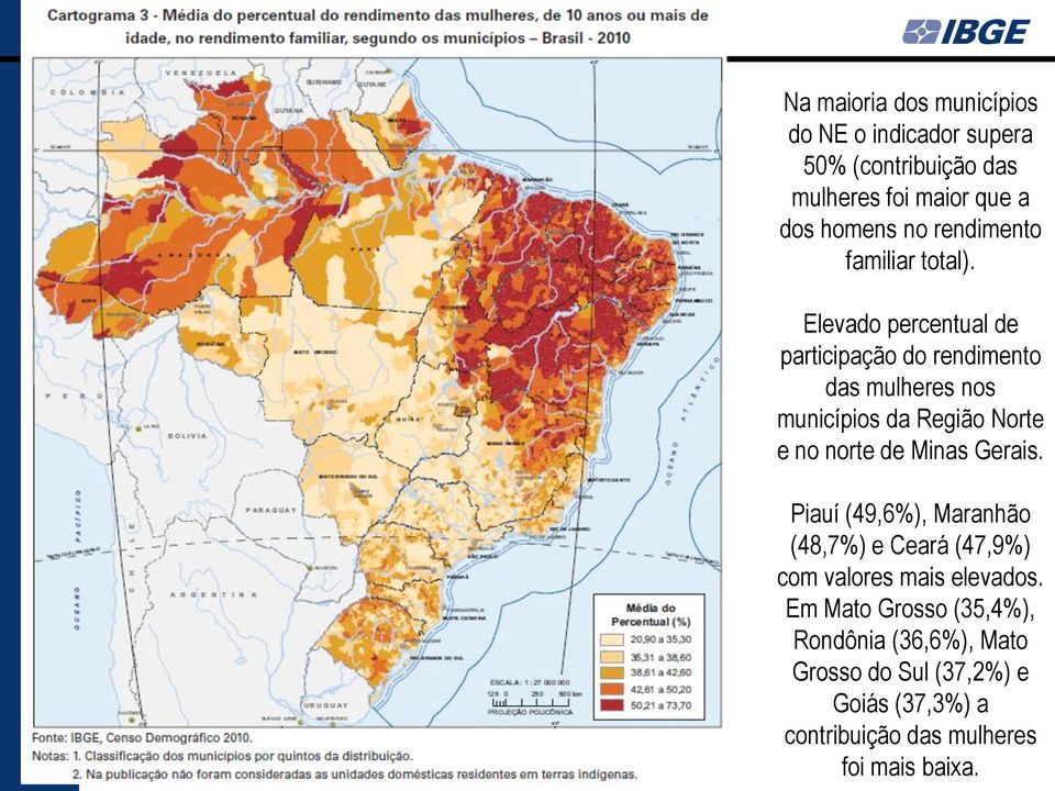Elevado percentual de participação do rendimento das mulheres nos municípios da Região Norte e no norte de Minas