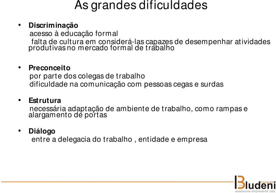 trabalho dificuldade na comunicação com pessoas cegas e surdas Estrutura necessária adaptação de ambiente