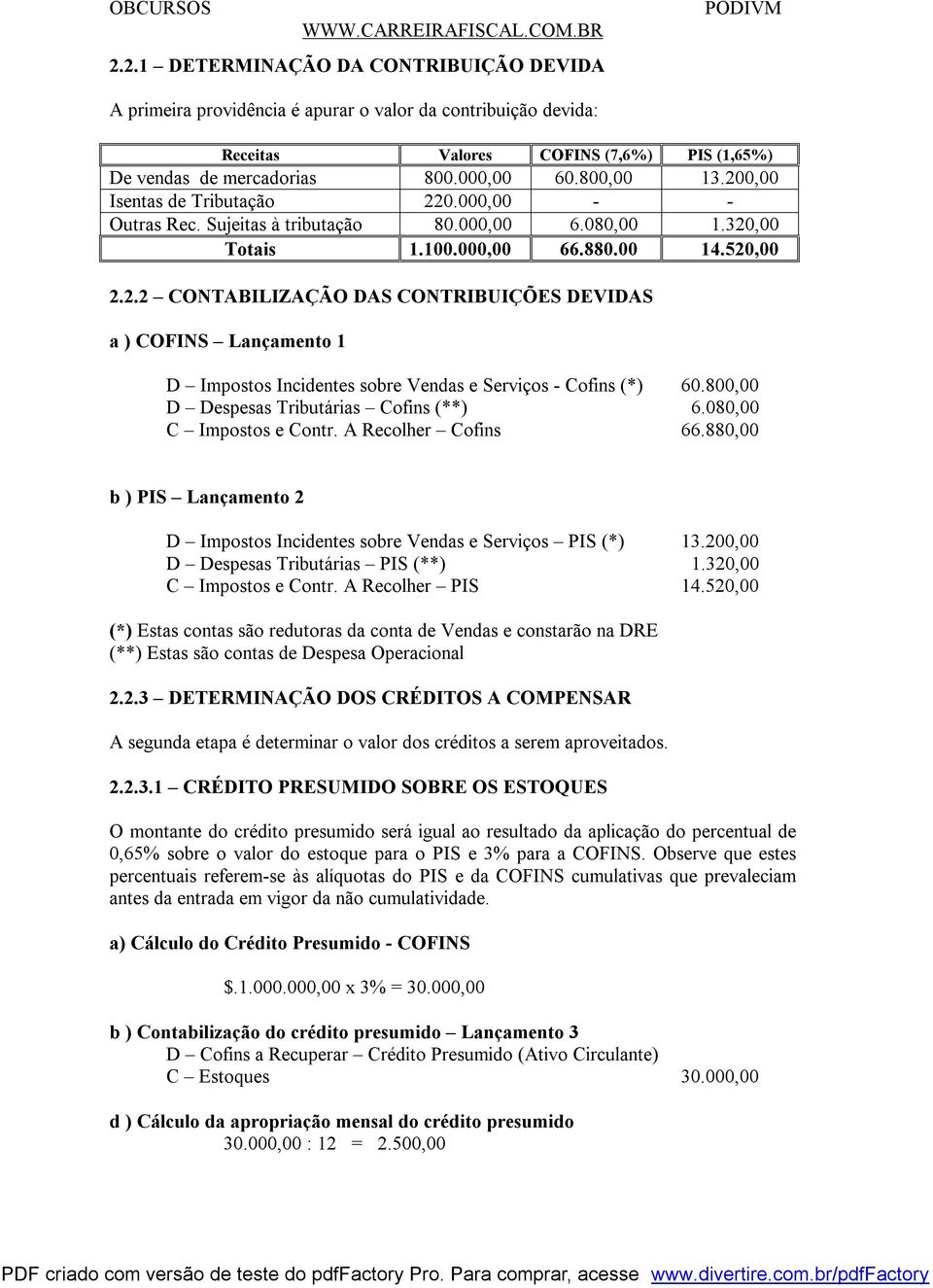 800,00 D Despesas Tributárias Cofins (**) 6.080,00 C Impostos e Contr. A Recolher Cofins 66.880,00 b ) PIS Lançamento 2 D Impostos Incidentes sobre Vendas e Serviços PIS (*) 13.