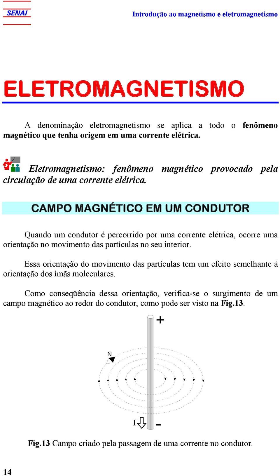CAMPO MAGNÉTICO EM UM CONDUTOR Quando um condutor é percorrido por uma corrente elétrica, ocorre uma orientação no movimento das partículas no seu interior.