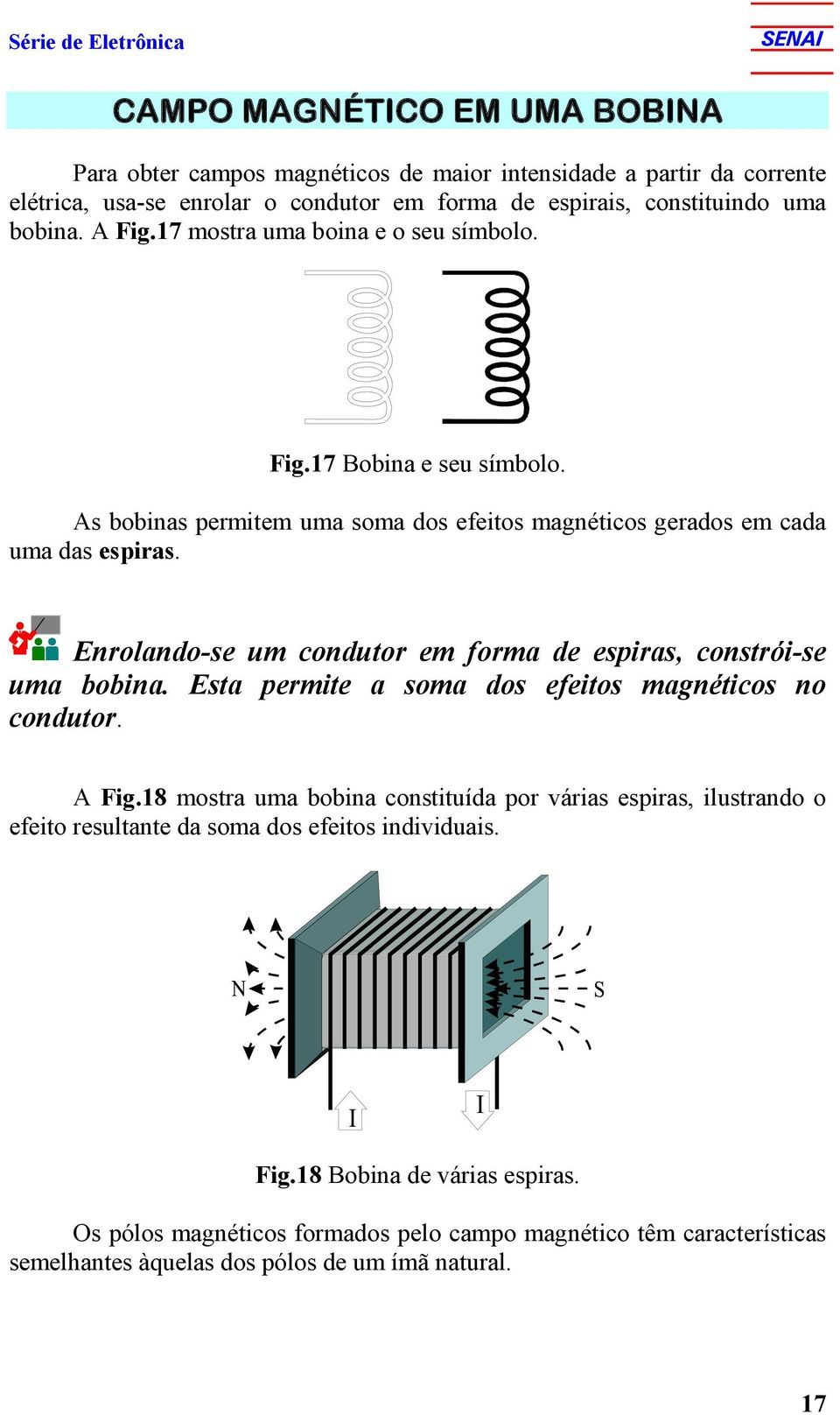 Enrolando-se um condutor em forma de espiras, constrói-se uma bobina. Esta permite a soma dos efeitos magnéticos no condutor. A Fig.