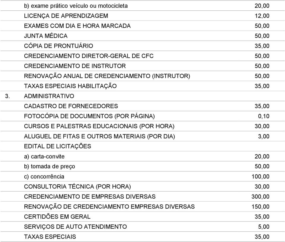 ADMINISTRATIVO CADASTRO DE FORNECEDORES 35,00 FOTOCÓPIA DE DOCUMENTOS (POR PÁGINA) 0,10 CURSOS E PALESTRAS EDUCACIONAIS (POR HORA) 30,00 ALUGUEL DE FITAS E OUTROS MATERIAIS (POR DIA) 3,00 EDITAL DE