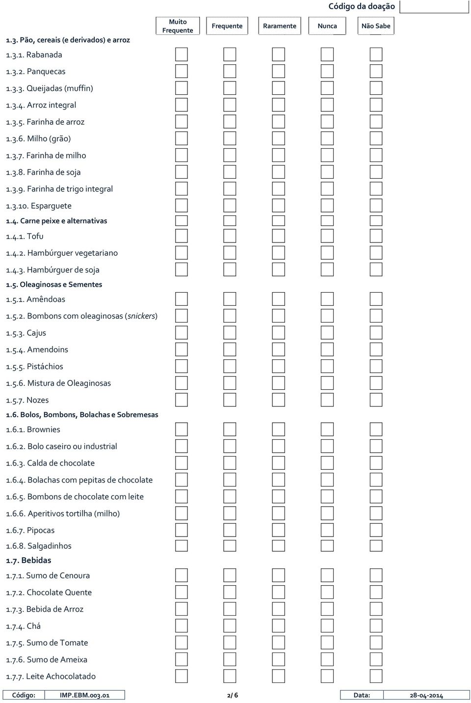 5.2. Bombons com oleaginosas (snickers) 1.5.3. Cajus 1.5.4. Amendoins 1.5.5. Pistáchios 1.5.6. Mistura de Oleaginosas 1.5.7. Nozes 1.6. Bolos, Bombons, Bolachas e Sobremesas 1.6.1. Brownies 1.6.2. Bolo caseiro ou industrial 1.