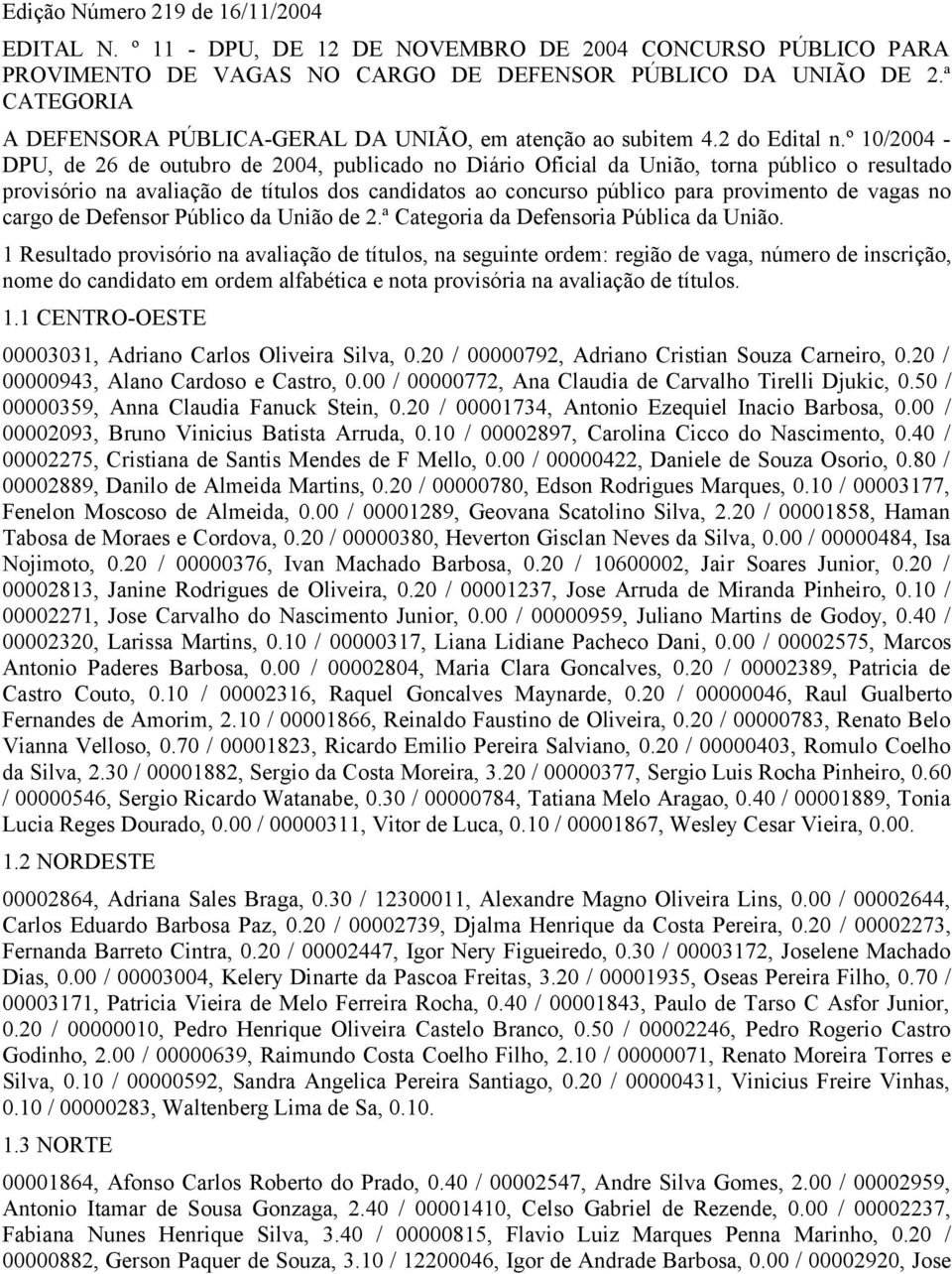 º 10/2004 - DPU, de 26 de outubro de 2004, publicado no Diário Oficial da União, torna público o resultado provisório na avaliação de títulos dos candidatos ao concurso público para provimento de