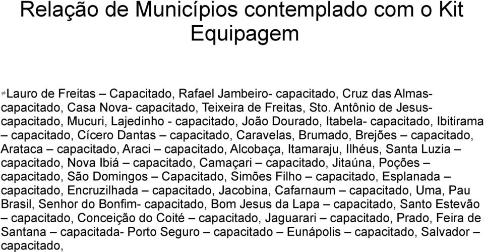 capacitado, Araci capacitado, Alcobaça, Itamaraju, Ilhéus, Santa Luzia capacitado, Nova Ibiá capacitado, Camaçari capacitado, Jitaúna, Poções capacitado, São Domingos Capacitado, Simões Filho