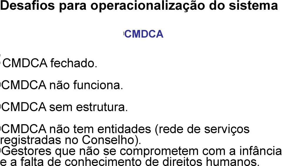 l CMDCA não tem entidades (rede de serviços registradas no Conselho).