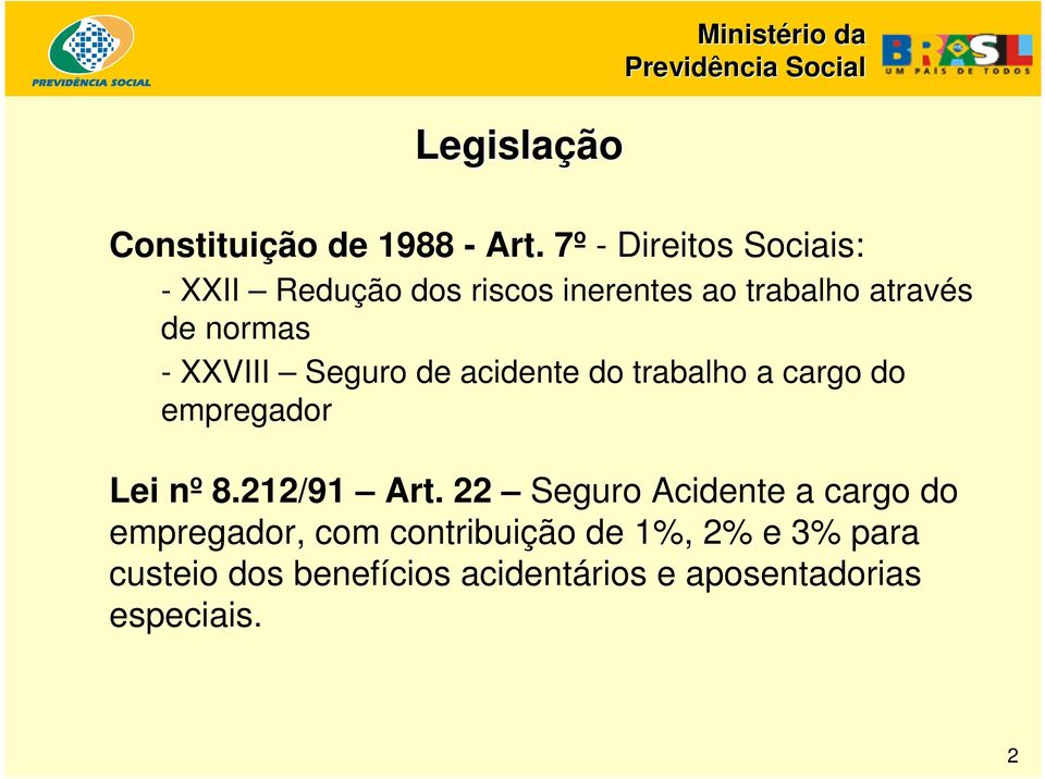 XXVIII Seguro de acidente do trabalho a cargo do empregador Lei nº 8.212/91 Art.