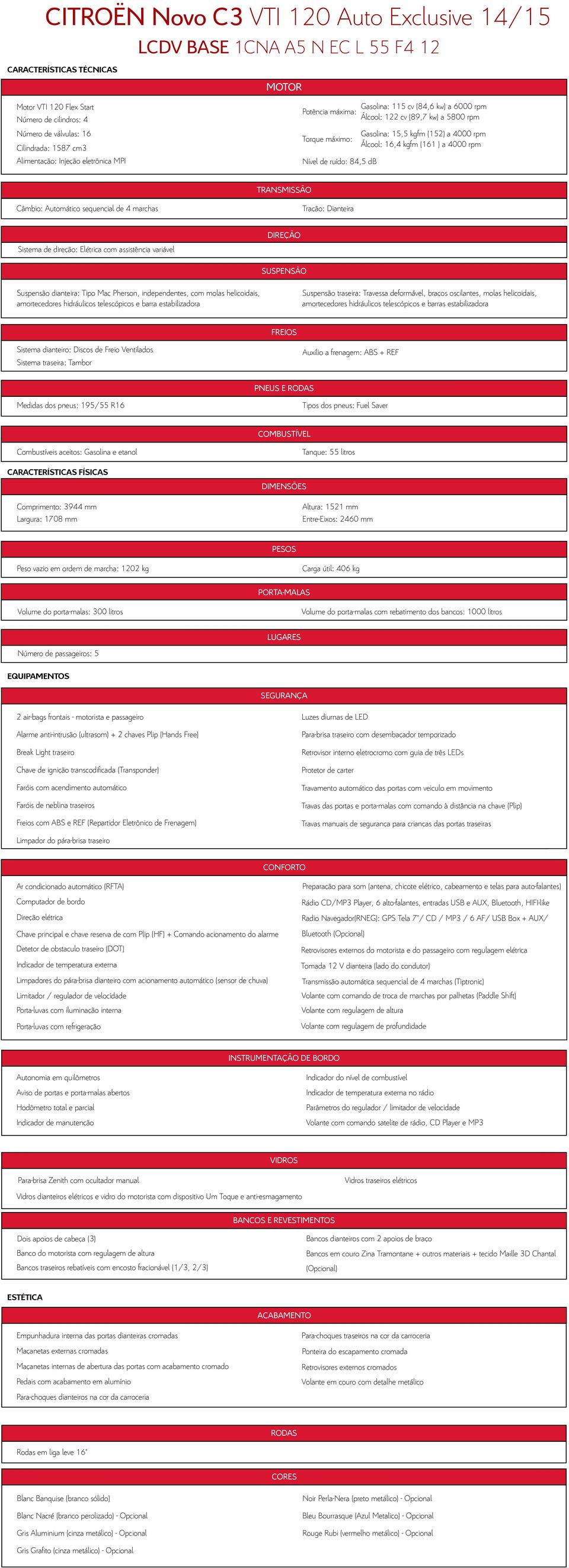 Ventilados PNEUS E Medidas dos pneus: 195/55 R16 Peso vazio em ordem de marcha: 1202 kg Carga útil: 406 kg Alarme anti-intrusão (ultrasom) + 2 chaves Plip (Hands Free) Faróis com acendimento