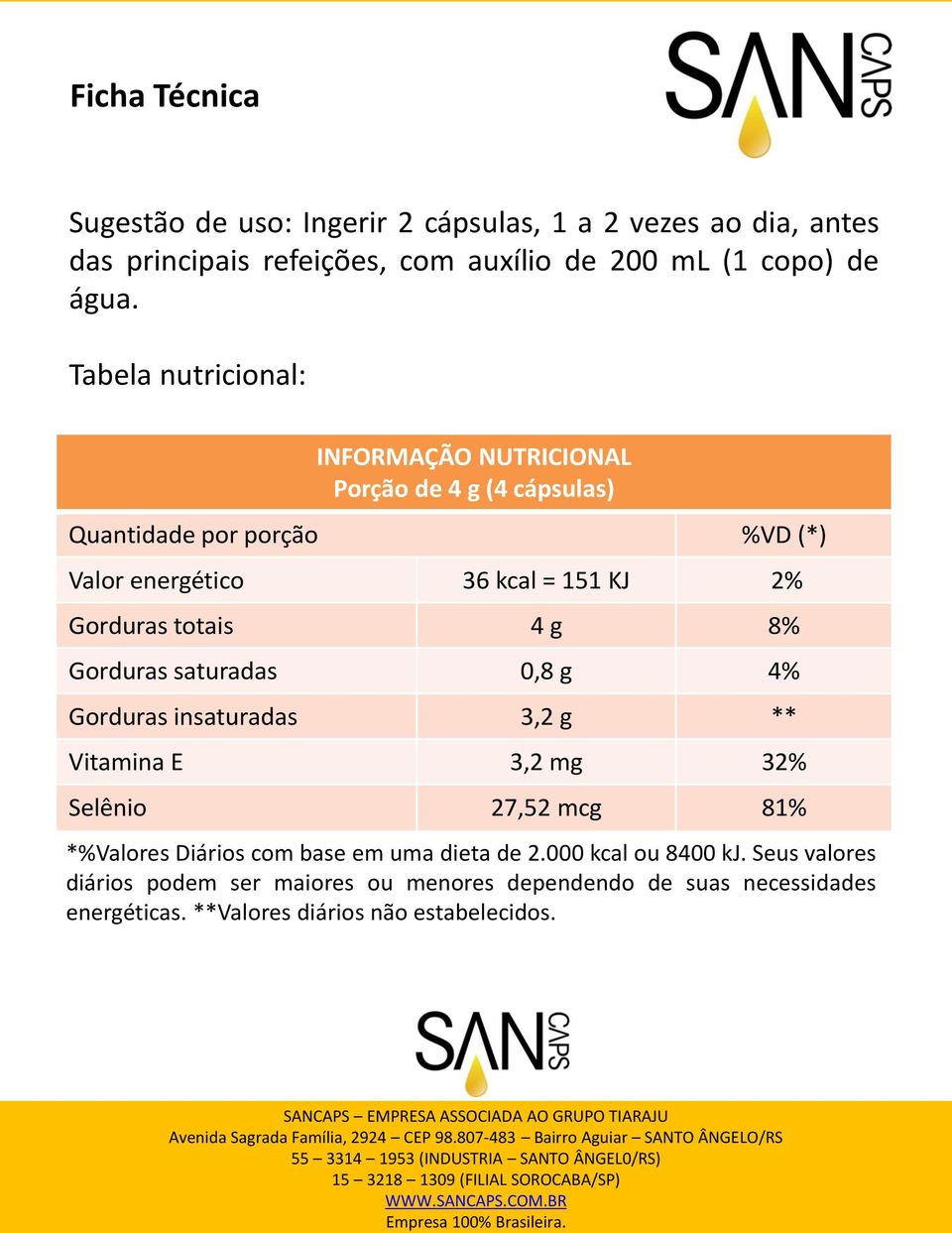 totais 4 g 8% Gorduras saturadas 0,8 g 4% Gorduras insaturadas 3,2 g ** Vitamina E 3,2 mg 32% Selênio 27,52 mcg 81% *%Valores Diários com base em