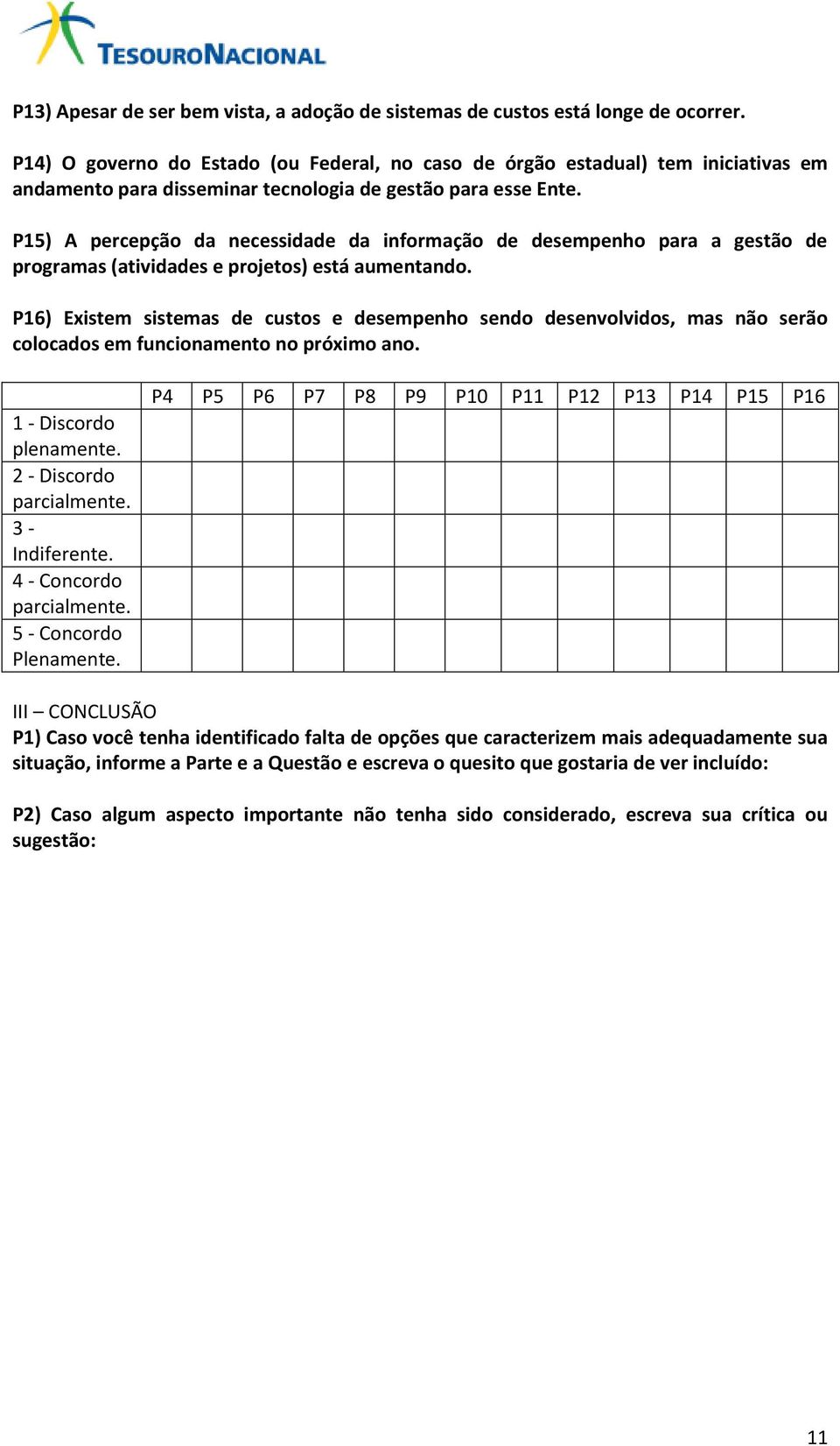 P15) A percepção da necessidade da informação de desempenho para a gestão de programas (atividades e projetos) está aumentando.