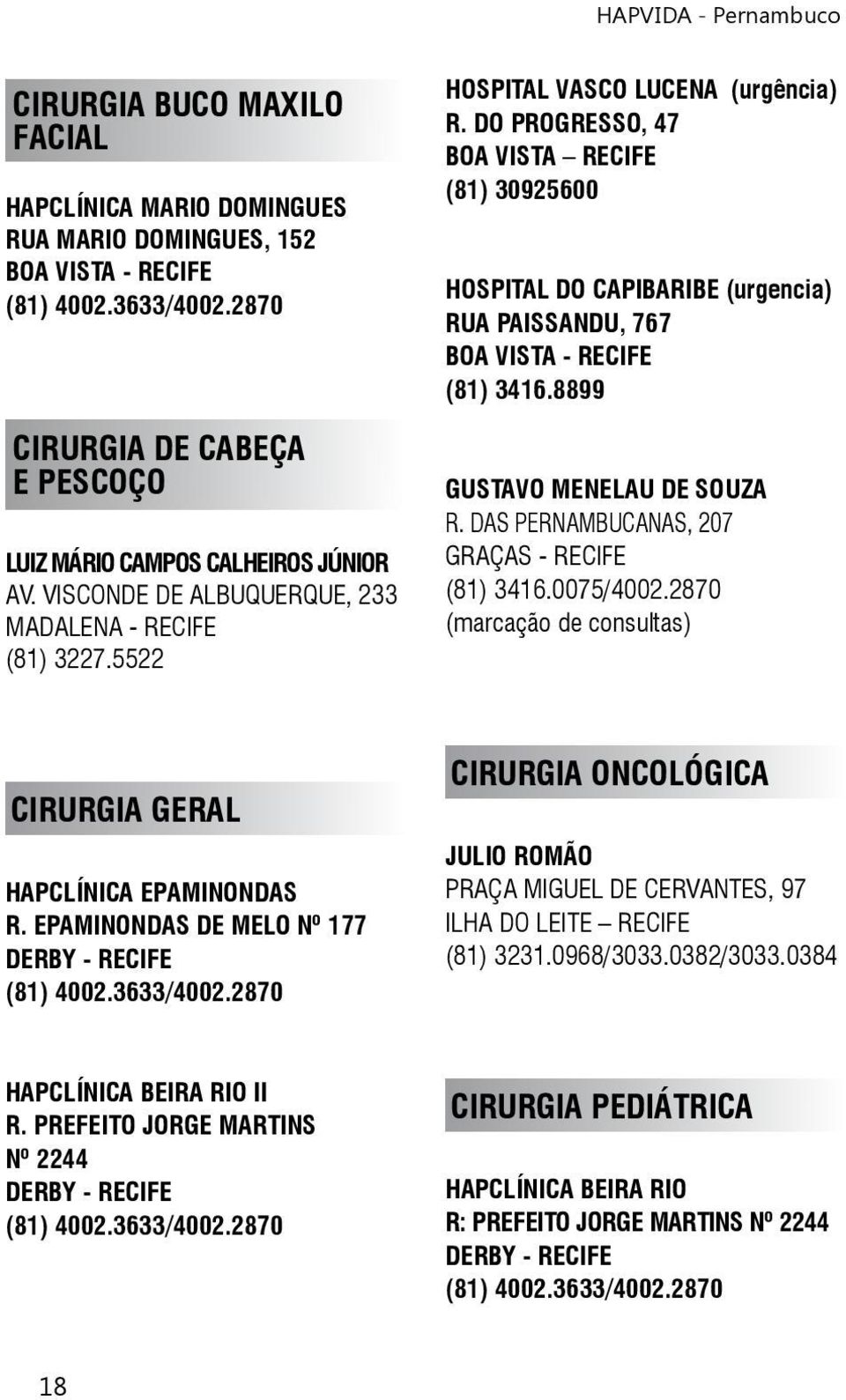 DO PROGRESSO, 47 (81) 30925600 HOSPITAL DO CAPIBARIBE (urgencia) RUA PAISSANDU, 767 BOA VISTA - RECIFE (81) 3416.8899 GUSTAVO MENELAU DE SOUZA R. DAS PERNAMBUCANAS, 207 GRAÇAS - RECIFE (81) 3416.