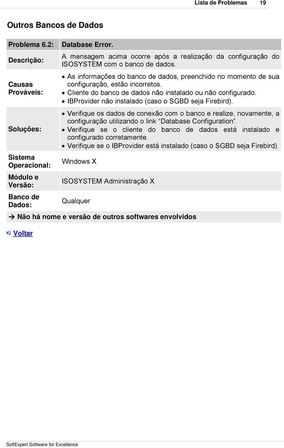 IBProvider não instalado (caso o SGBD seja Firebird). Verifique os dados de conexão com o banco e realize, novamente, a configuração utilizando o link Database Configuration.