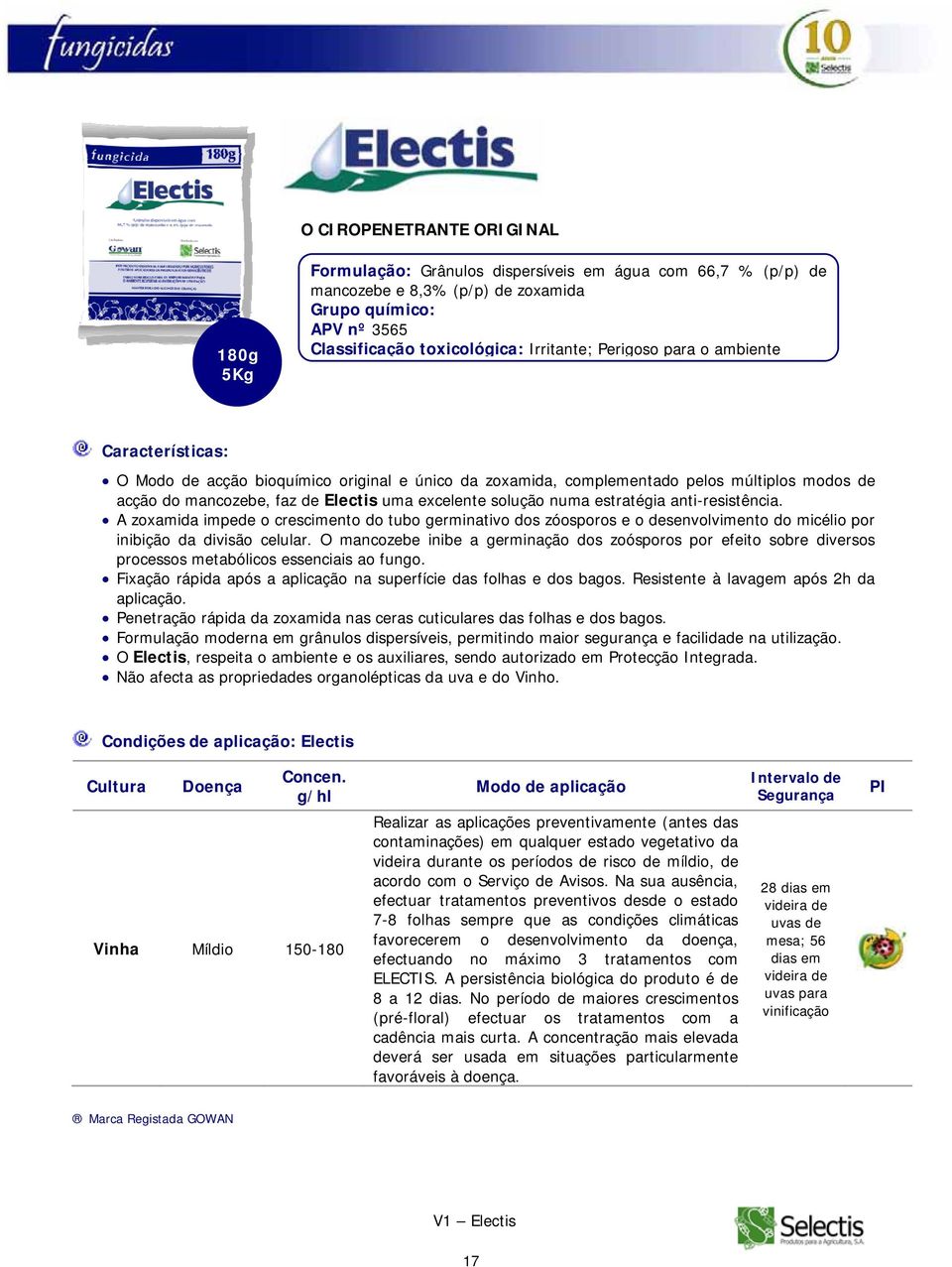 estratégia anti-resistência. A zoxamida impede o crescimento do tubo germinativo dos zóosporos e o desenvolvimento do micélio por inibição da divisão celular.