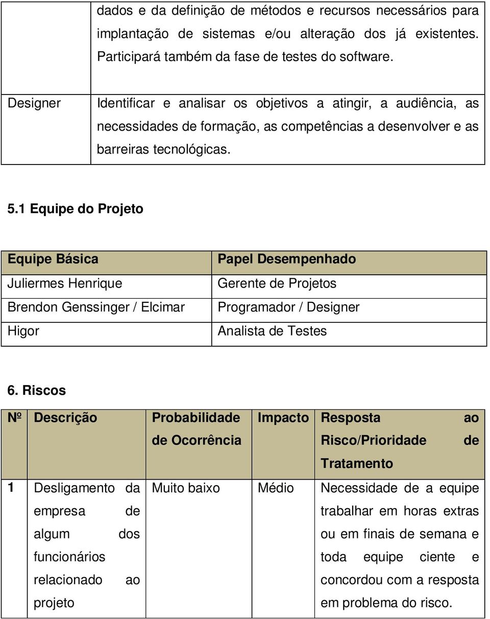 1 Equipe do Projeto Equipe Básica Juliermes Henrique Brendon Genssinger / Elcimar Higor Papel Desempenhado Gerente de Projetos Programador / Designer Analista de Testes 6.