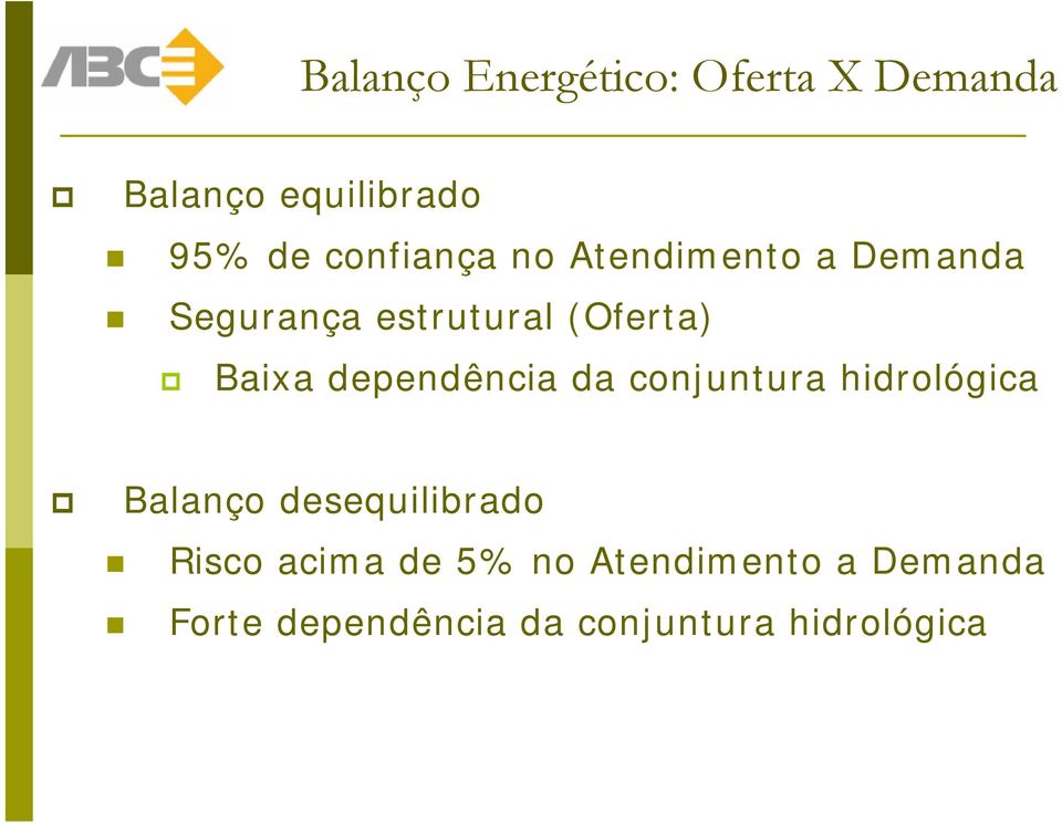 dependência da conjuntura hidrológica Balanço desequilibrado Risco