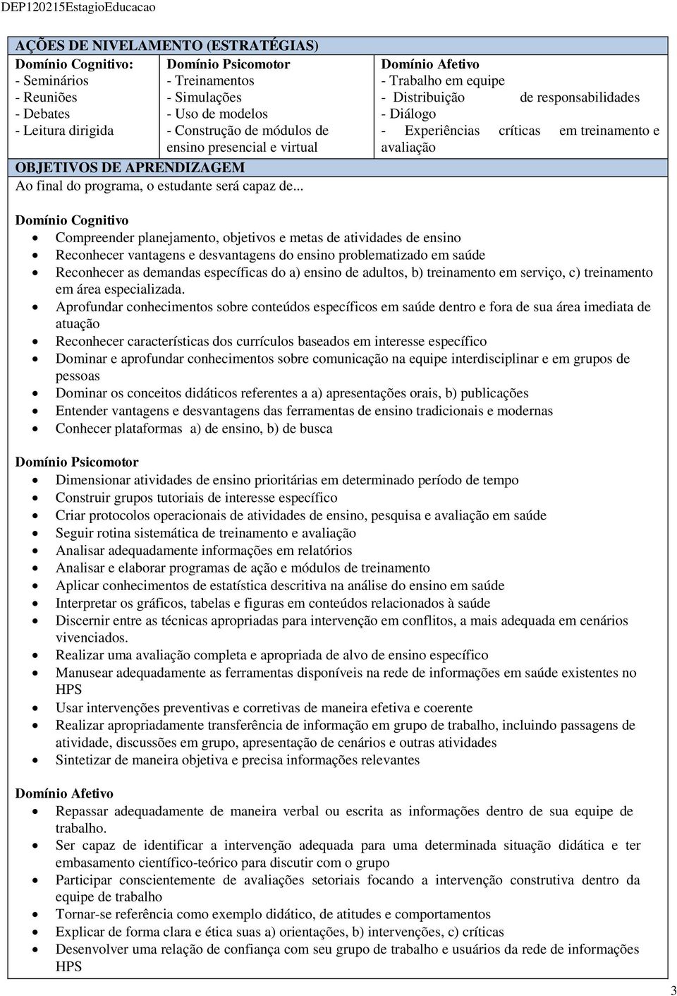 .. - Trabalho em equipe - Distribuição de responsabilidades - Diálogo - Experiências críticas em treinamento e avaliação Domínio Cognitivo Compreender planejamento, objetivos e metas de atividades de