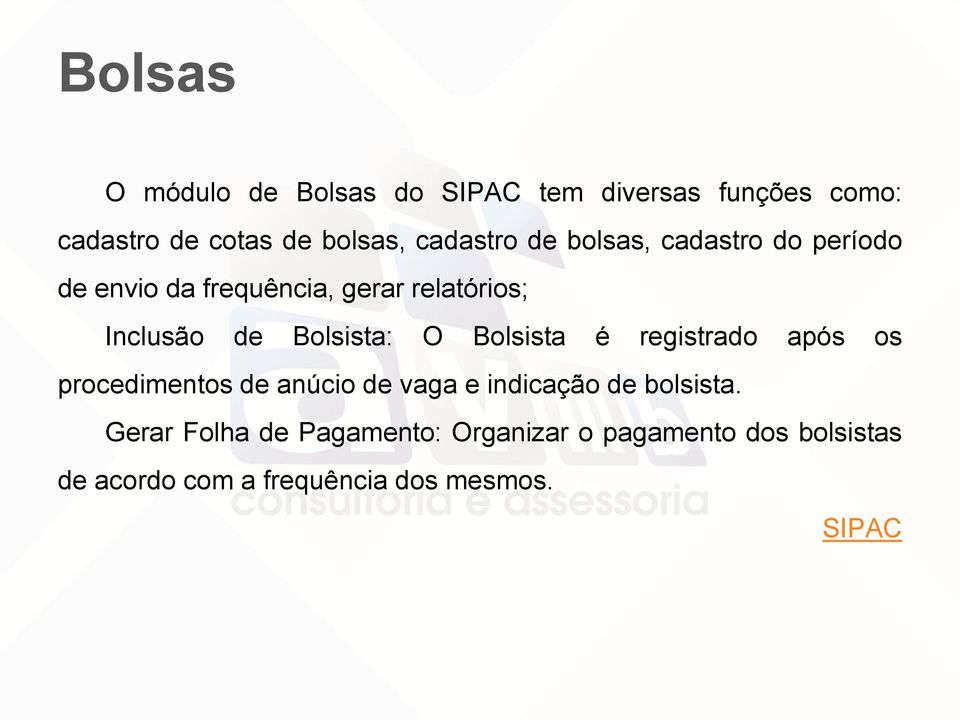 Bolsista: O Bolsista é registrado após os procedimentos de anúcio de vaga e indicação de bolsista.