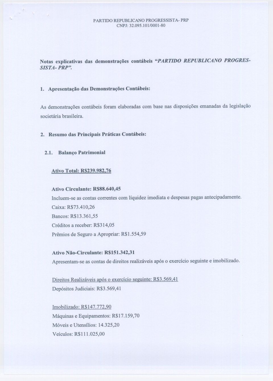 Resumo das Principais Práticas Contábeis: 2.1. Balanço Patrimonial Ativo Total: R$239.982.76 Ativo Circulante: R$88.