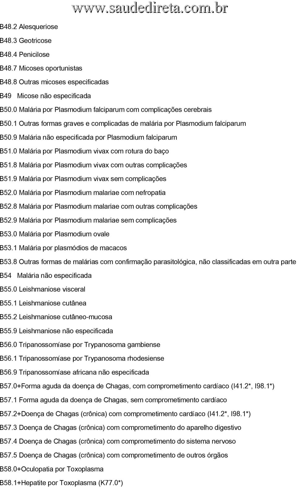 9 Malária não especificada por Plasmodium falciparum B51.0 Malária por Plasmodium vivax com rotura do baço B51.8 Malária por Plasmodium vivax com outras complicações B51.