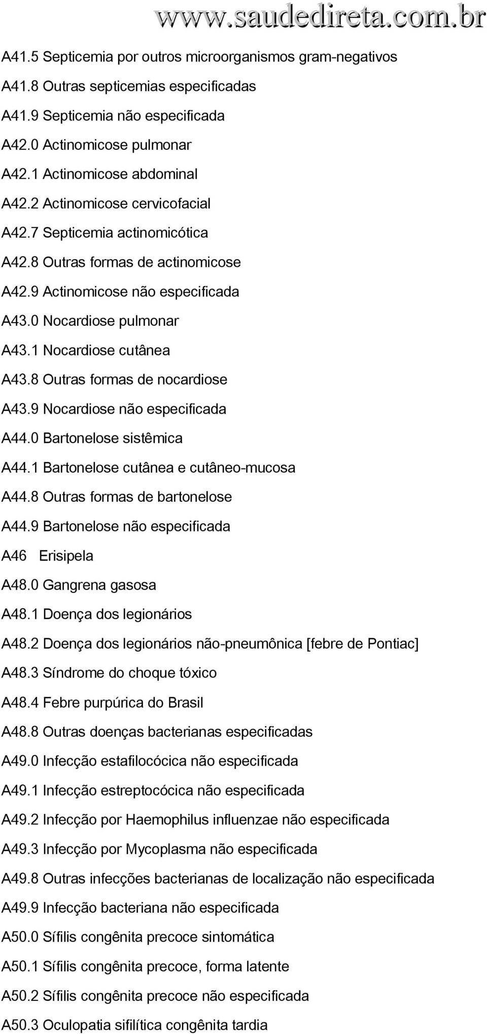 8 Outras formas de nocardiose A43.9 Nocardiose não especificada A44.0 Bartonelose sistêmica A44.1 Bartonelose cutânea e cutâneo mucosa A44.8 Outras formas de bartonelose A44.