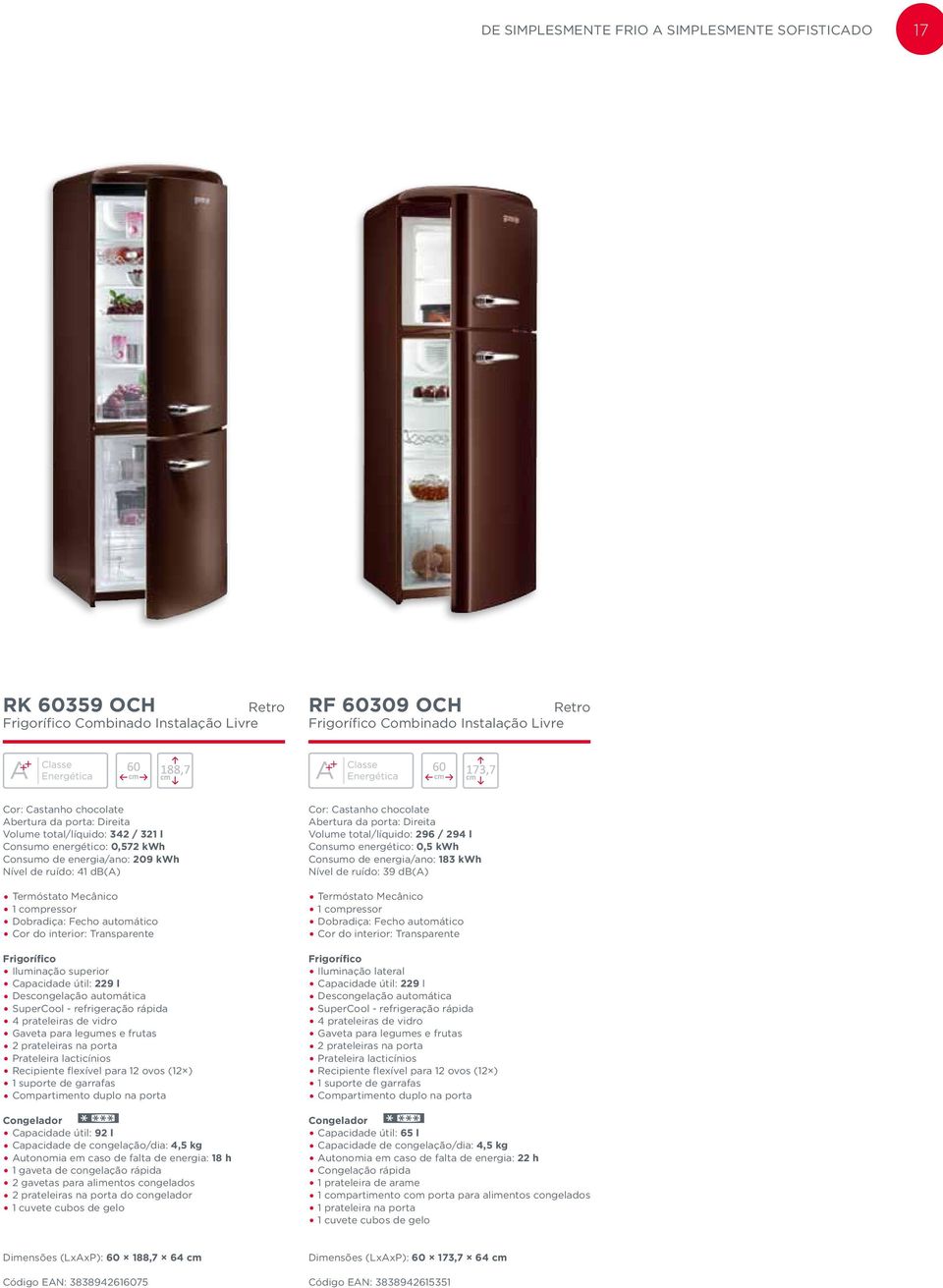 automática SuperCool - refrigeração rápida 2 prateleiras na porta Compartimento duplo na porta Capacidade útil: 92 l Capacidade de congelação/dia: 4,5 kg Autonomia em caso de falta de energia: 18 h 1